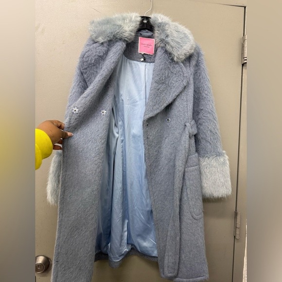 Kate Spade New York Faux Fur Trimmed Belted Women's Coat baby blue size 00/ XXS - Picture 8 of 13